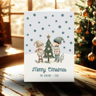 Niedliche Kinder, die Weihnachtsbaum Zeichnend dek Feiertagskarte
