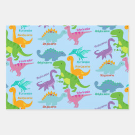Niedliche Kinder Dinosaurier und Namen blau Geschenkpapier Set