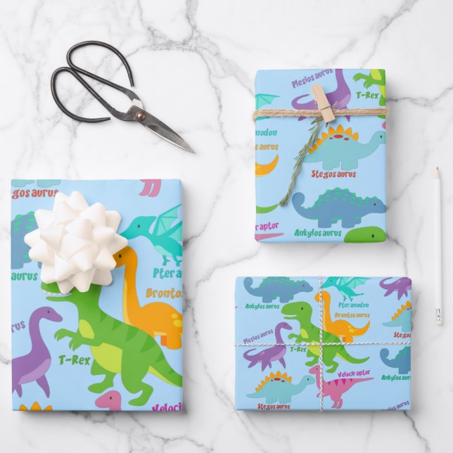 Niedliche Kinder Dinosaurier und Namen blau Geschenkpapier Set (Vorderseite)