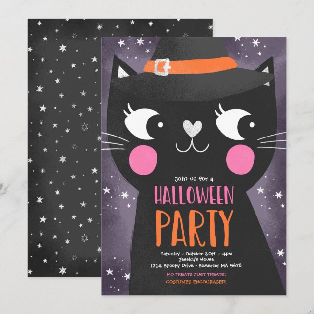 Niedliche Kinder Halloween-Party Hexen Katze Spook Einladung (Vorne/Hinten)