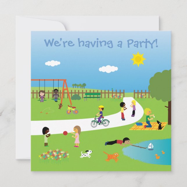 Niedliche Kinder in der Park-Party Einladung (Vorderseite)