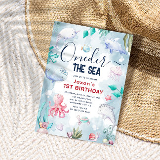 Niedliche Kinder Wasserfarbe Seemeer 1. Geburtstag Einladung