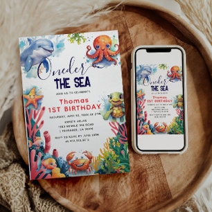 Niedliche Kinder Wasserfarbe Seemeer 1. Geburtstag Einladung