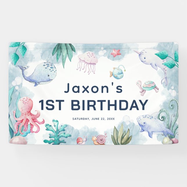 Niedliche Kinder Wasserfarbe Unter Meer 1. Geburts Banner (Horizontal)