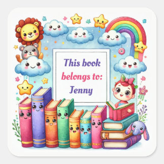 Niedliche Kinderbücher mit Regenbogen und Wolken Quadratischer Aufkleber
