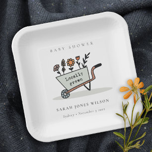 Niedliche Kinderdusche aus grauem Blumenkartentuch Pappteller