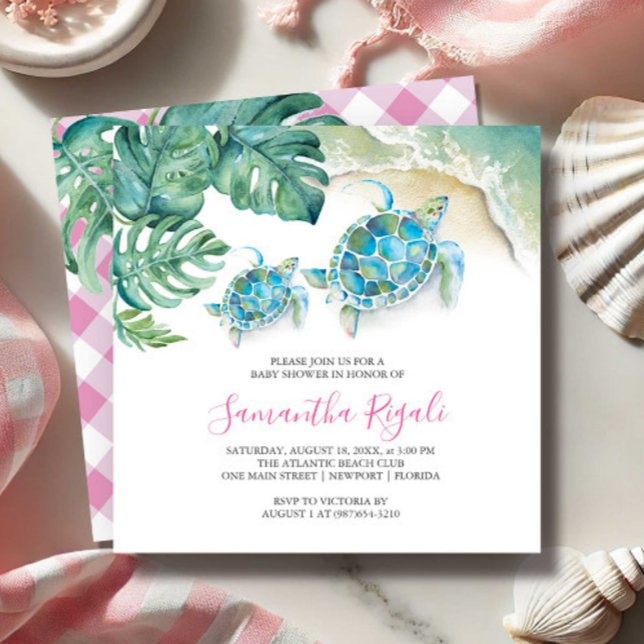 Niedliche Kinderdusche Einladungen Tropische Wasse (Girl baby shower invitations for sip and see features tropical sea turtle art Victoria Grigaliunas)