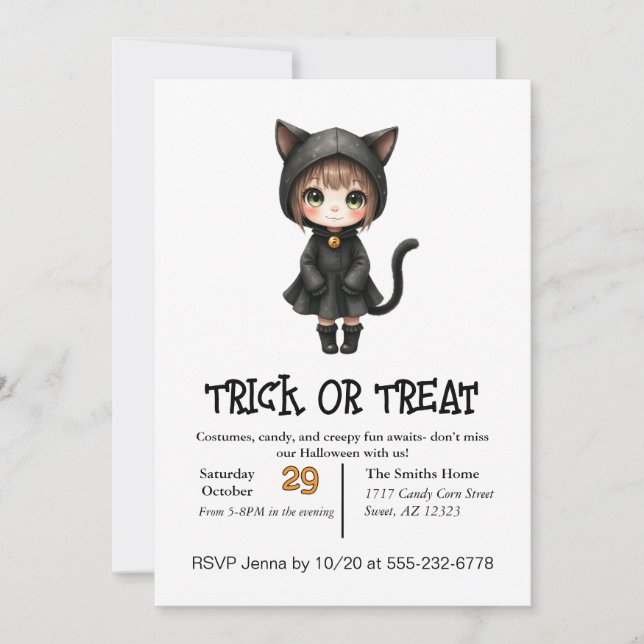 Niedliche Kinderkatze zu Halloween Einladung (Vorderseite)