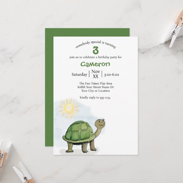 Niedliche Kinderschildkröte Einladung (Vorderseite/Rückseite Beispiel)