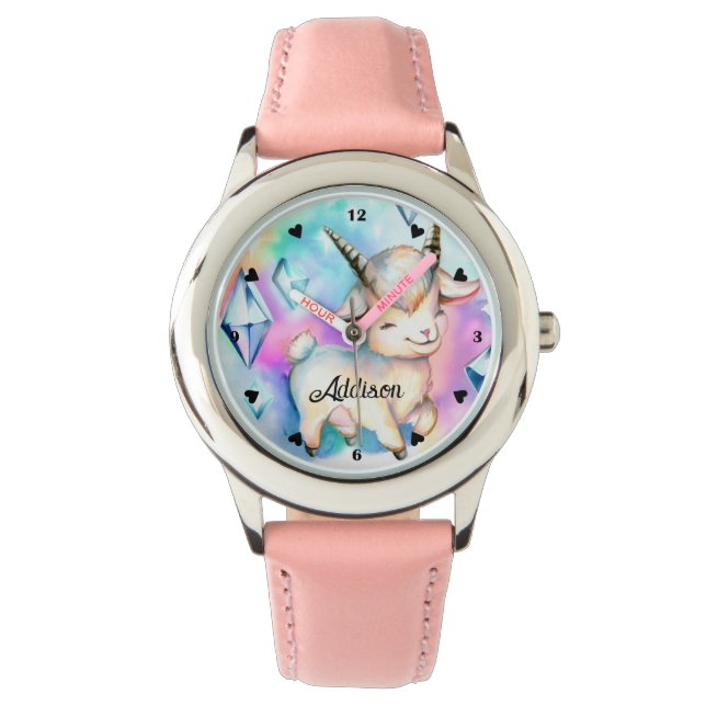 Niedliche Kinderziege und Diamanten Rainbow Waterc Armbanduhr (Vorderseite)