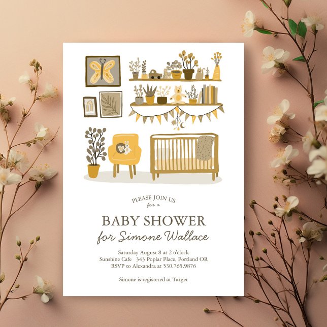 Niedliche Kinderzimmer Illustration CUSTOM BABY SH Einladung (Cute Nursery Illustration CUSTOM BABY SHOWER Invitation neutral yellow colors - customize it!)