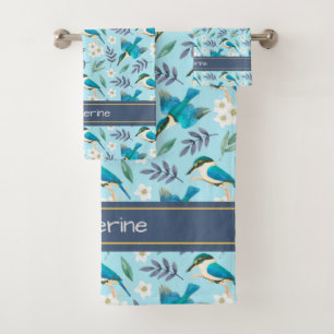 Niedliche Kingfischarten Floral Muster Blauer Name Badhandtuch Set