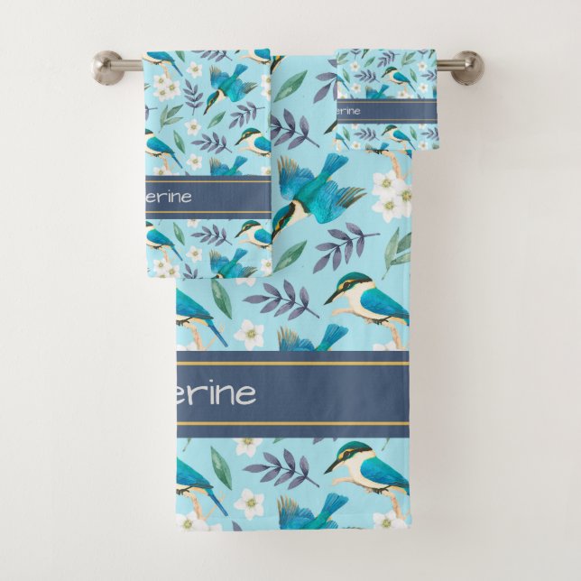 Niedliche Kingfischarten Floral Muster Blauer Name Badhandtuch Set (Insitu)