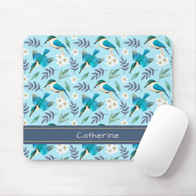 Niedliche Kingfisher Birds Blumenmuster Blauer Nam Mousepad (Mit Mouse)