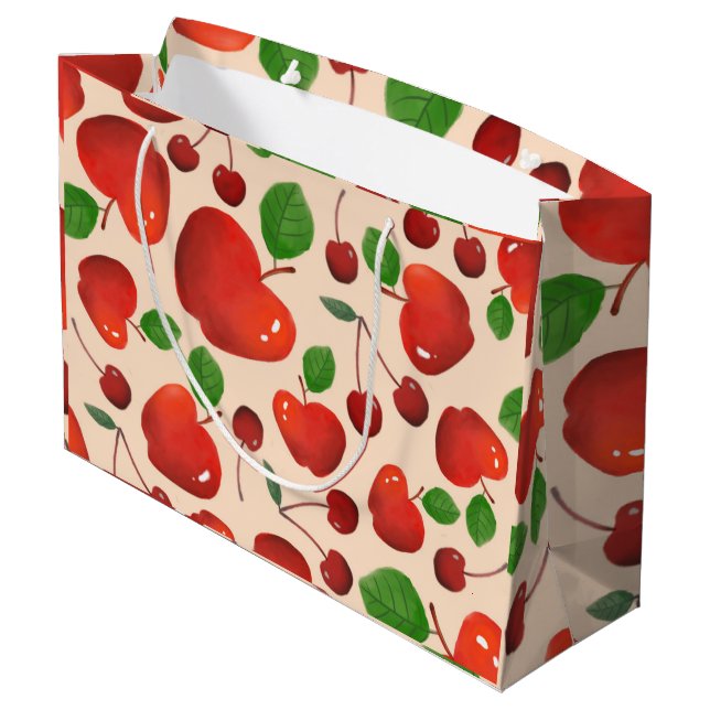 Niedliche Kirschen Fruchtmuster Große Geschenktüte (Rückseite Schrägansicht)