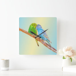Niedliche Kissingbudgien - Acryl auf pastellfarben Quadratische Wanduhr