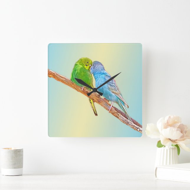 Niedliche Kissingbudgien - Acryl auf pastellfarben Quadratische Wanduhr (Zuhause)