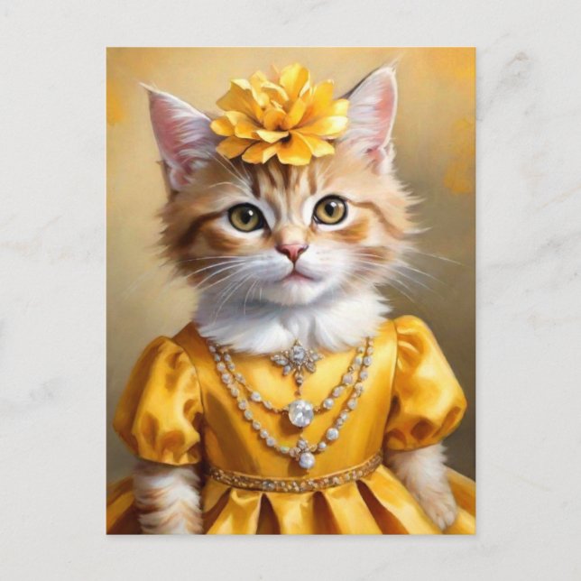 Niedliche Kitekatze in gelbem Kleid Postkarte (Vorderseite)