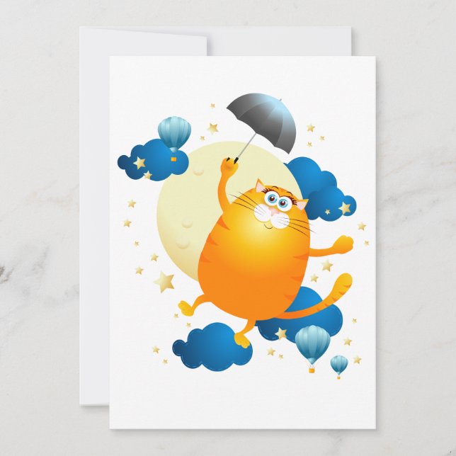 Niedliche Kitten Flying mit Regenschirm Einladung (Vorderseite)