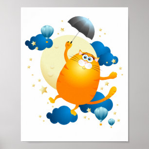 Niedliche Kitten Flying mit Regenschirm Poster