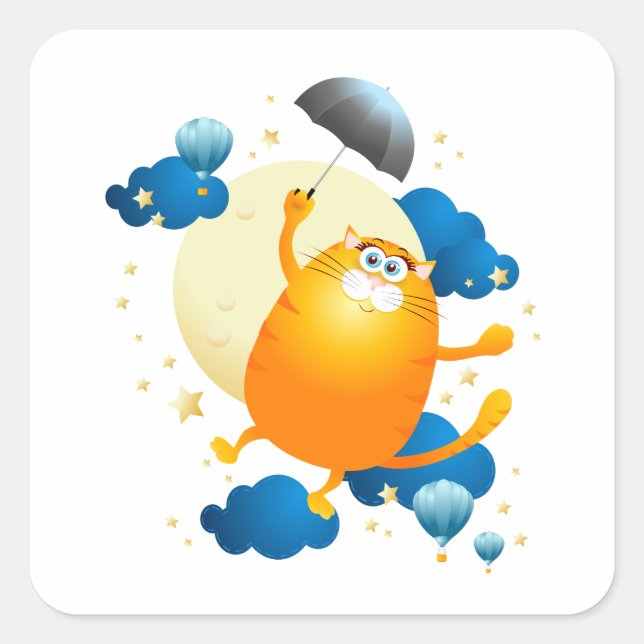 Niedliche Kitten Flying mit Regenschirm Quadratischer Aufkleber (Vorderseite)