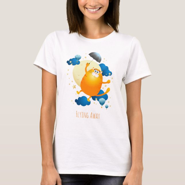 Niedliche Kitten Flying mit Regenschirm T-Shirt (Vorderseite)