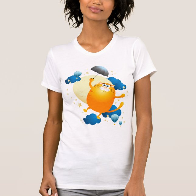 Niedliche Kitten Flying mit Regenschirm T-Shirt (Vorderseite)
