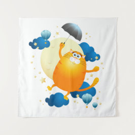 Niedliche Kitten Flying mit Regenschirm Wandteppich
