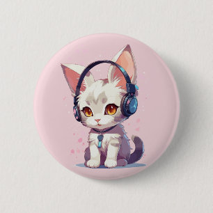Niedliche Kitten mit Kopfhörer-Charm Button
