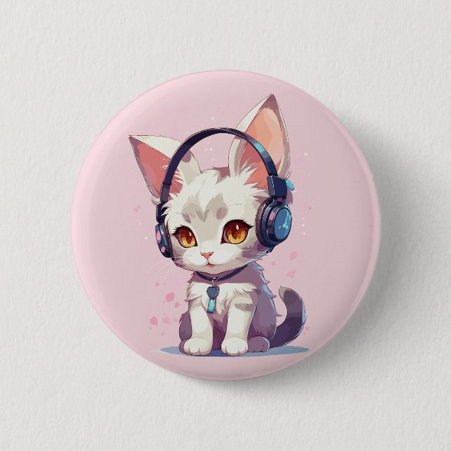 Niedliche Kitten mit Kopfhörer-Charm Button (Vorderseite)