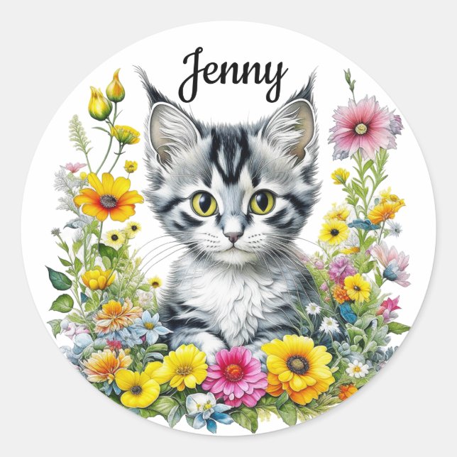 Niedliche Kitten umgeben von Blume Personalisiert Runder Aufkleber (Vorderseite)
