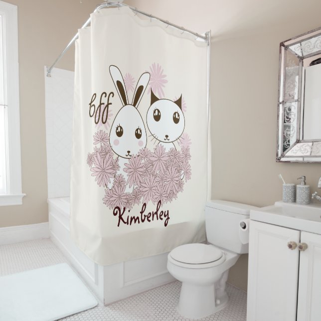 Niedliche Kitten und Bunny Animal Friends Girls Ki Duschvorhang (Beispiel)