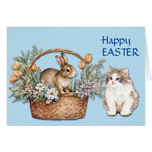 Niedliche "Kitten" und "Bunny Basket Osterkarte" (Vorderseite (Horizontal))