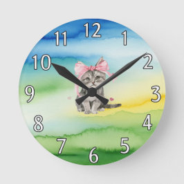 Niedliche Kitten Wall Clock mit rosa Bow Runde Wanduhr