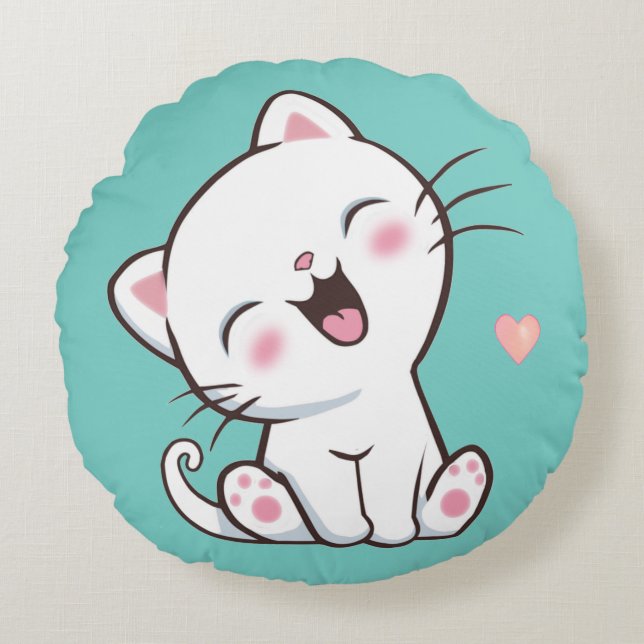 Niedliche Kitty Cat auf Light Aquamarin Rundes Kissen (Vorderseite)