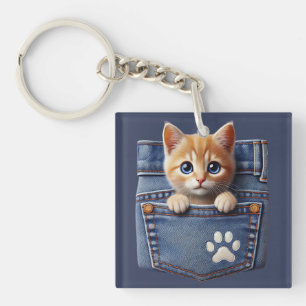 Niedliche Kitty Cat in Denim Pocket Schlüsselanhänger