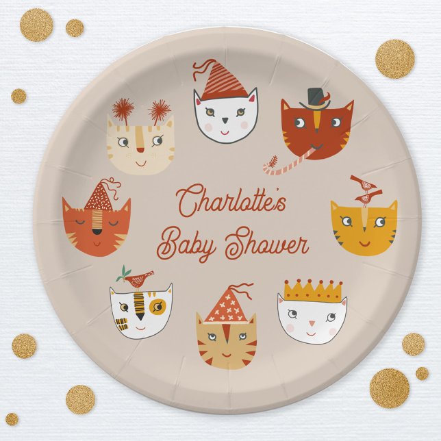 Niedliche Kitty Cat Personalisiert Babydusche Pappteller (Personalized cute kitty cat themed baby shower paper plate)