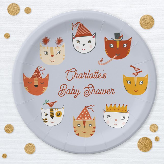 Niedliche Kitty Cat Personalisiert Babydusche Pappteller (Personalized cute kitty cat themed baby shower paper plate)