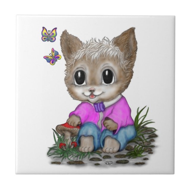 Niedliche Kitty Cat und Butterfly Fliese (Vorderseite)