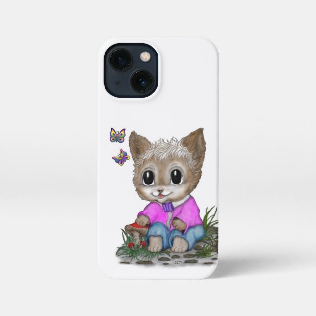 Niedliche Kitty Cat und Butterfly iPhone 13 Mini Hülle (Rückseite)