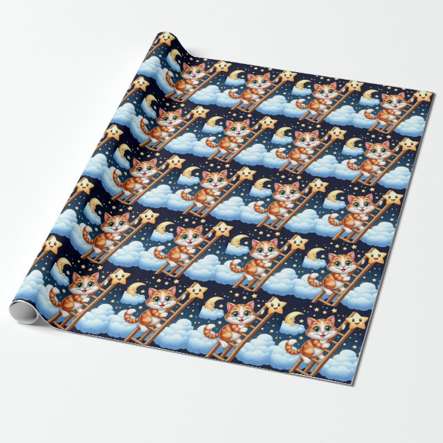 Niedliche Kitty Climbs Ladder zum Mond Geschenkpapier (Ungerollt)