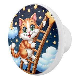 Niedliche Kitty Climbs Ladder zum Mond Keramikknauf