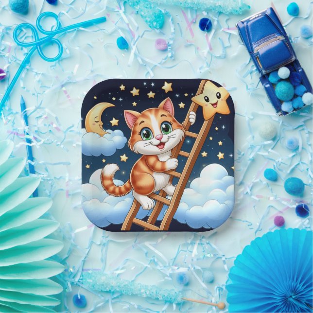 Niedliche Kitty Climbs Ladder zum Mond Pappteller (Party)
