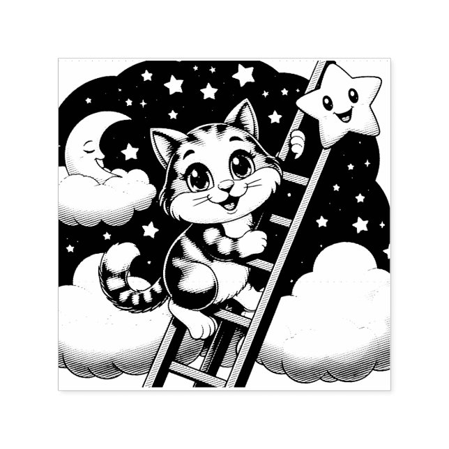 Niedliche Kitty Climbs Ladder zum Mond Permastempel (Design)