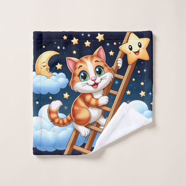 Niedliche Kitty Climbs Ladder zum Mond Waschlappen (Waschlappen)