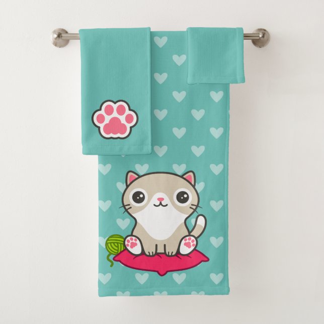 Niedliche Kitty Illustration Badhandtuch Set (Insitu)