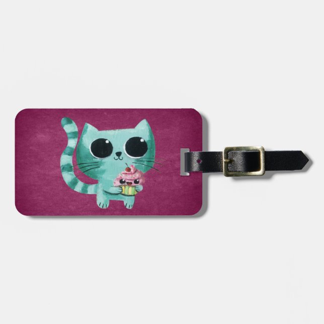 Niedliche Kitty-Katze mit Kawaii kleinem Kuchen Gepäckanhänger (Vorderseite horizontal)