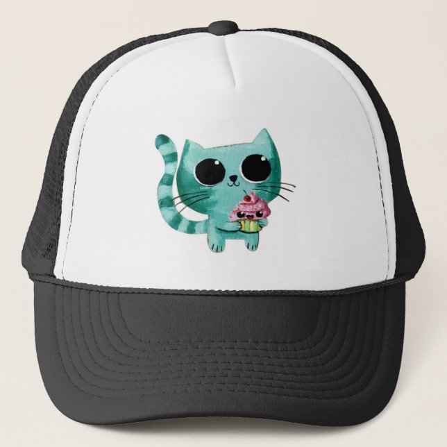 Niedliche Kitty-Katze mit Kawaii kleinem Kuchen Truckerkappe (Vorderseite)