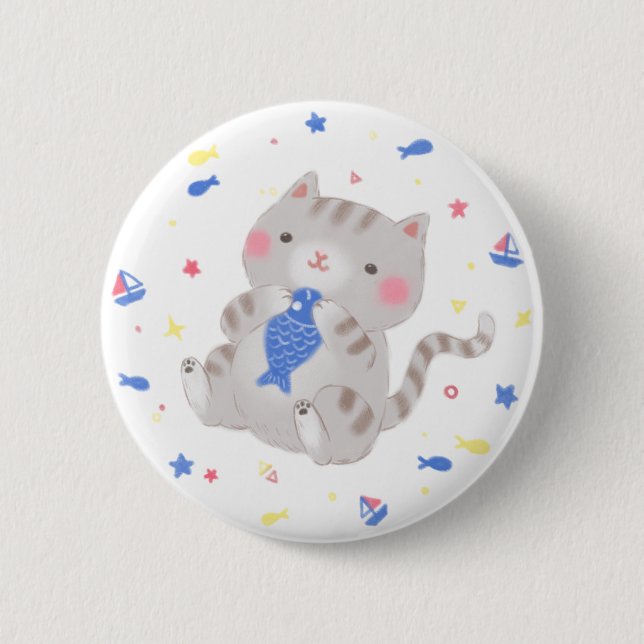 Niedliche Kitty mit Fisch im Sommer Illustration Button (Vorderseite)