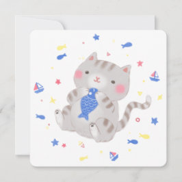 Niedliche Kitty mit Fisch im Sommer Illustration Einladung